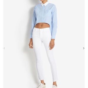 JONATHAN SIMKHAI Blue Striped Cropped Hi Lo Oxford Shirt